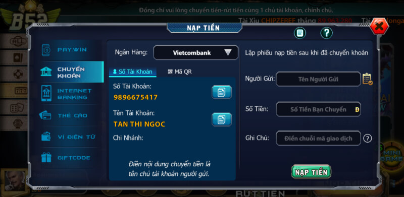 Hướng dẫn Nạp Tiền tại B52 Club Hướng dẫn Nạp Tiền tại B52 Club
